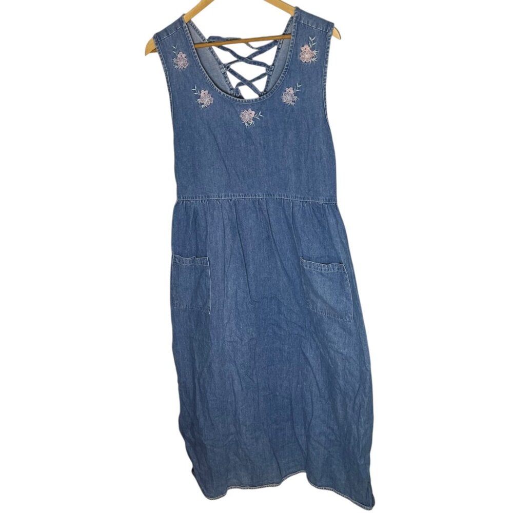 Rafaella Blue Midi Dress with Floral Embroidery